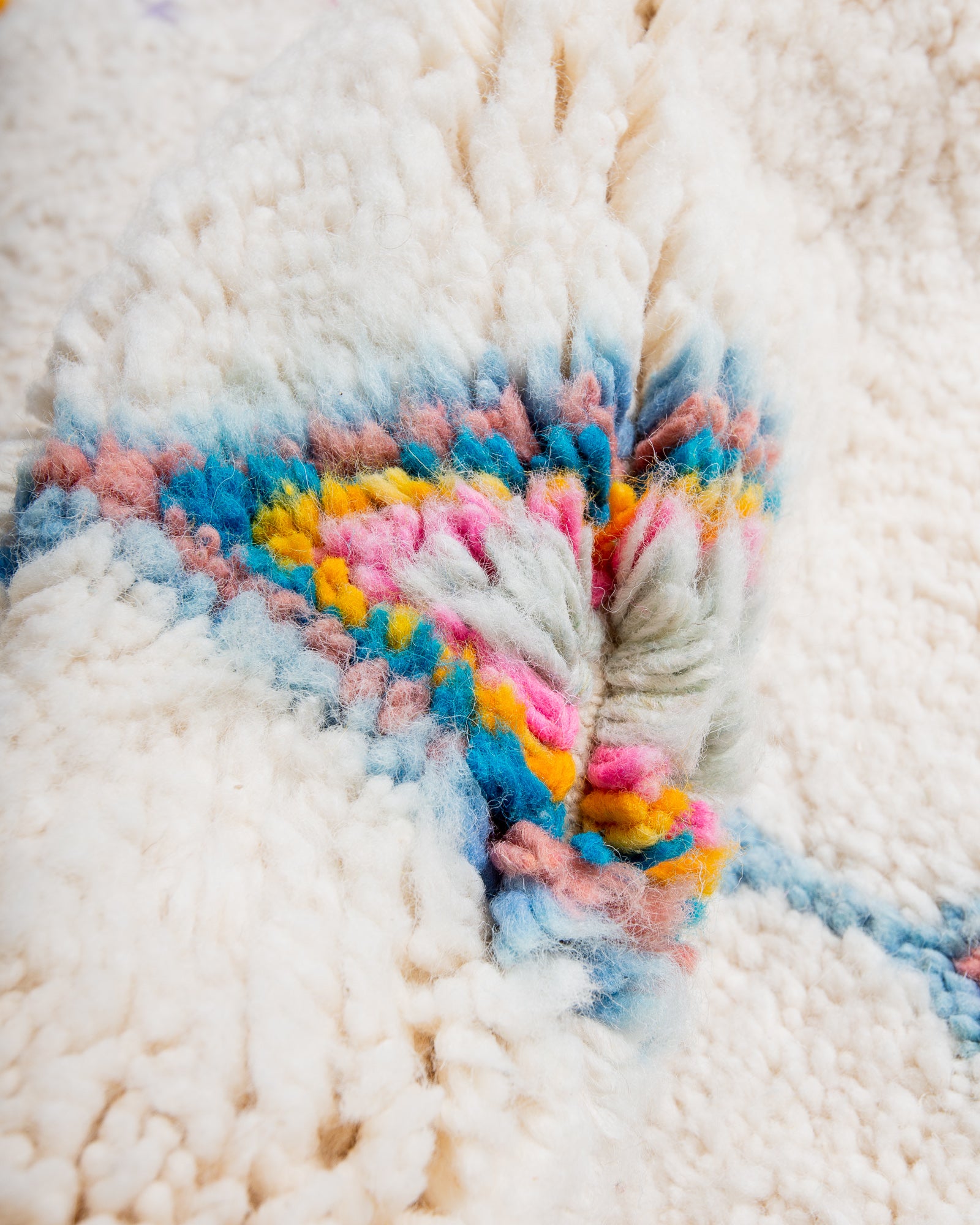 Modern, designer, handcrafted Berber rug from Morocco. Beniourain carpet with beautiful colours and patterns and fluffy wool texture.
